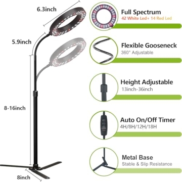 GooingTop Grow Light 50W Full Spectrum Adjustable Height and Timer