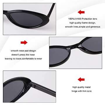 VIA LEECA Retro 90s Oval Sunglasses Women Trendy Small Fashion Tinted Narrow Sun Glasses UV400 Protection for Driving Party Gift Black Aesthetic Accessories