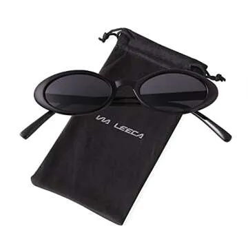 VIA LEECA Retro 90s Oval Sunglasses Women Trendy Small Fashion Tinted Narrow Sun Glasses UV400 Protection for Driving Party Gift Black Aesthetic Accessories
