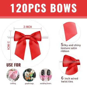 RainbowPana 120 Pack Christmas Luxury Twist Tie Bows, Red 3" Satin Ribbon Pretied Bows, Premade Craft Decoration for Package Cake Pop Basket Favors Cookie Candy, Gift Wrapping Baby Shower Wedding