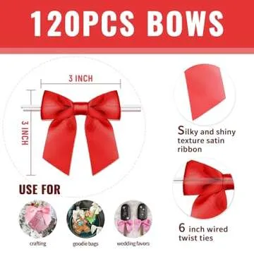 RainbowPana 120 Pack Christmas Luxury Twist Tie Bows, Red 3" Satin Ribbon Pretied Bows, Premade Craft Decoration for Package Cake Pop Basket Favors Cookie Candy, Gift Wrapping Baby Shower Wedding