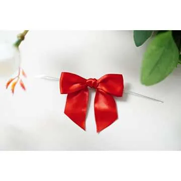 RainbowPana 120 Pack Christmas Luxury Twist Tie Bows, Red 3" Satin Ribbon Pretied Bows, Premade Craft Decoration for Package Cake Pop Basket Favors Cookie Candy, Gift Wrapping Baby Shower Wedding