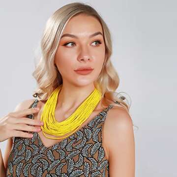 Bocar Multi Layer Chunky Bib Statement Seed Beads Cluster Collar Necklace for Women Gift (NK-10351-yellow)