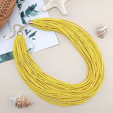 Bocar Multi Layer Chunky Bib Statement Seed Beads Cluster Collar Necklace for Women Gift (NK-10351-yellow)