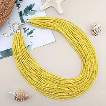 Bocar Multi Layer Chunky Bib Statement Seed Beads Cluster Collar Necklace for Women Gift (NK-10351-yellow)