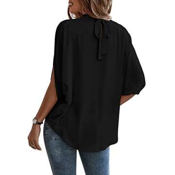 Verdusa Women's Casual Tie Back Dolman Sleeve Mock Neck Blouse Top Black L