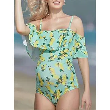 MiYang Maternity Swimsuit Flounced One Piece Bathing Suit Off-Shoulder Pregnancy Swimwear