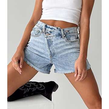 ZOLUCKY Womens Mid Rise Jean Shorts Front Buttons Crossover Raw Hem Casual Denim Shorts for Summer Light Blue, Large