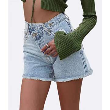 ZOLUCKY Womens Mid Rise Jean Shorts Front Buttons Crossover Raw Hem Casual Denim Shorts for Summer Light Blue, Large