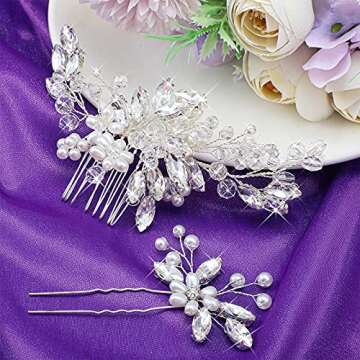 Yeshone 5 Pieces Wedding Hair Comb Bridal Hair Pins Crystal Pearl Hair Accessories Rhinestone Flower Hair Piece for Wedding Bride Women(Silver,Classic Style)