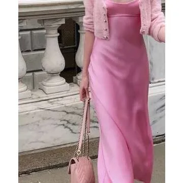 Pink Camis Long Dresses Women Satin Cut Out Sleeveless Slip Dress Female Backless Sexy Party Dresses Summer Slit Midi Dress