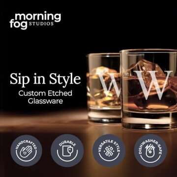 Morning Fog Studios Personalized Whiskey Glasses Set of 2, Engraved Monogram Old Fashioned Bourbon G...
