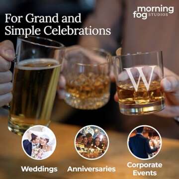 Morning Fog Studios Personalized Whiskey Glasses Set of 2, Engraved Monogram Old Fashioned Bourbon Glassware, 12.5 oz, Ideal for Men, Gifts, Birthday, Anniversary, Christmas, Groomsmen, (W)