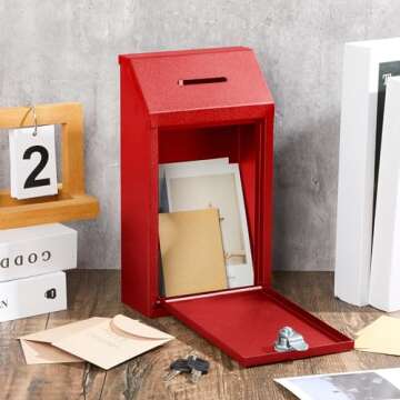Yaocom Metal Donation Cash Box Collection Safe Suggestion Box with Lock Wall Mounted Mailbox Delivery Ballot Container for Home Office Outdoor Door(Red)