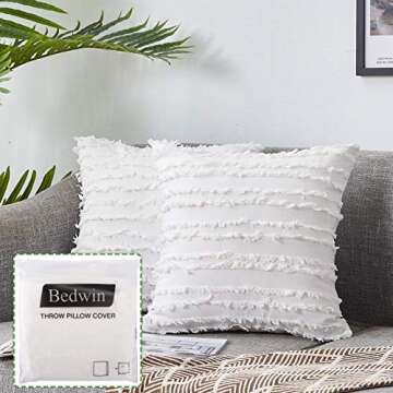 Bedwin 18 x 18 Ivory White Throw Pillow Covers Set of 2, Boho Striped Linen Decorative Pillow Cushion Covers for Couch Farmhouse Sofa Chair Living Room