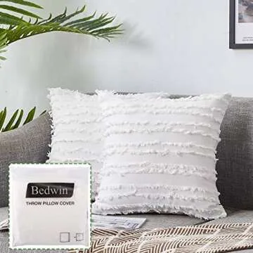 Bedwin 18 x 18 Ivory White Throw Pillow Covers Set of 2, Boho Striped Linen Decorative Pillow Cushion Covers for Couch Farmhouse Sofa Chair Living Room