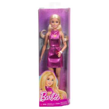 Barbie Fashionistas Doll #230 with Blond Hair, Wearing Metallic Pink Minidress with Heart Cut-Out, White Bracelet and Heels