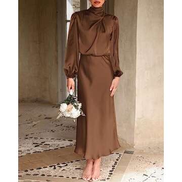 BTFBM Women's Mock Neck Satin Dress Elegant Long Sleeve Elastic High Waist Formal Wedding Cocktail Party Maxi Dresses(Solid Khaki, X-Large)