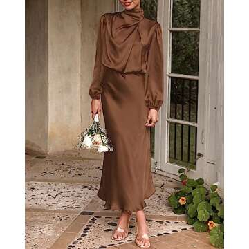 BTFBM Women's Mock Neck Satin Dress Elegant Long Sleeve Elastic High Waist Formal Wedding Cocktail Party Maxi Dresses(Solid Khaki, X-Large)