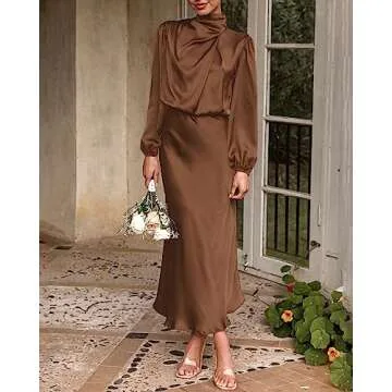 BTFBM Women's Mock Neck Satin Dress Elegant Long Sleeve Elastic High Waist Formal Wedding Cocktail Party Maxi Dresses(Solid Khaki, X-Large)