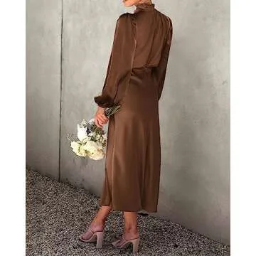 BTFBM Women's Mock Neck Satin Dress Elegant Long Sleeve Elastic High Waist Formal Wedding Cocktail Party Maxi Dresses(Solid Khaki, X-Large)