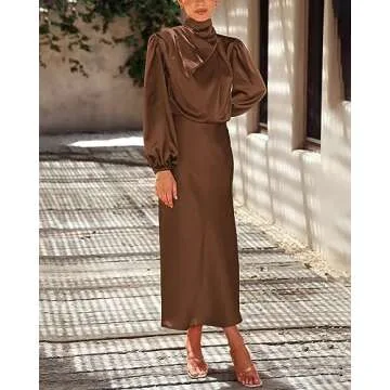 BTFBM Women's Mock Neck Satin Dress Elegant Long Sleeve Elastic High Waist Formal Wedding Cocktail Party Maxi Dresses(Solid Khaki, X-Large)