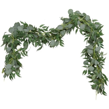 Greentime 2 Pack Greenery Garland 6.5 Feet Artificial Eucalyptus Garland with Willow Leaves for Wedd...