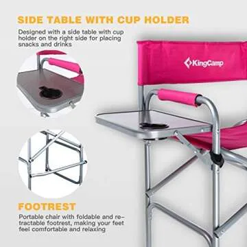 KingCamp Makeup Folding Artist Chair Bar Height Table, Cup Holder, Side Storage Bag, Footrest, Supports 300 lbs, 22" L x 23" W x 40" H, 22 x 23 x 40 inches, Pink