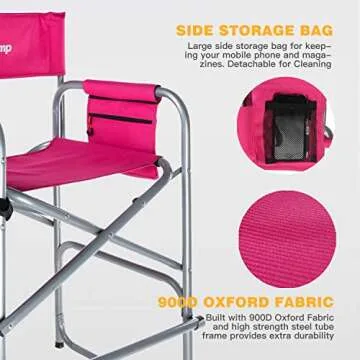 KingCamp Makeup Folding Artist Chair Bar Height Table, Cup Holder, Side Storage Bag, Footrest, Supports 300 lbs, 22" L x 23" W x 40" H, 22 x 23 x 40 inches, Pink