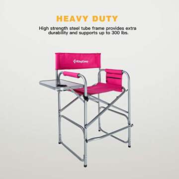 KingCamp Makeup Folding Artist Chair Bar Height Table, Cup Holder, Side Storage Bag, Footrest, Supports 300 lbs, 22" L x 23" W x 40" H, 22 x 23 x 40 inches, Pink