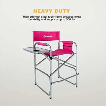 KingCamp Makeup Folding Artist Chair Bar Height Table, Cup Holder, Side Storage Bag, Footrest, Supports 300 lbs, 22" L x 23" W x 40" H, 22 x 23 x 40 inches, Pink