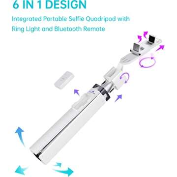 Ambertronix 40” Selfie Stick Tripod Quadrapod, Onboard Light, Wireless Bluetooth Remote, Extendable, Stainless Steel, 3 Light Modes, 9 Brightness Levels, Compatible with All iPhone & Android Devices