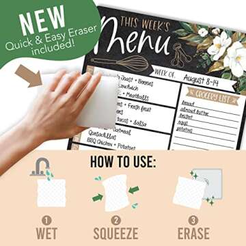 Hadley Designs Magnolia Magnetic Weekly Meal Planner Dry Erase Board for Refrigerator - Magnetic Meal Planner for Refrigerator Dry Erase, Weekly Dinner Menu Board