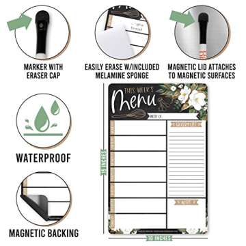 Hadley Designs Magnolia Magnetic Weekly Meal Planner Dry Erase Board for Refrigerator - Magnetic Meal Planner for Refrigerator Dry Erase, Weekly Dinner Menu Board