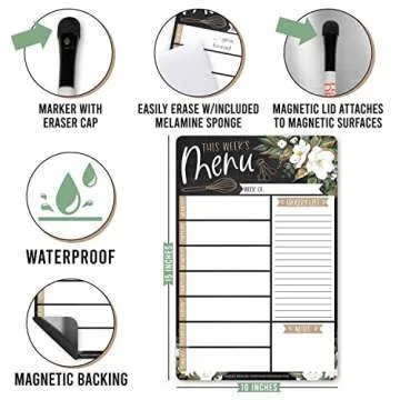 Hadley Designs Magnolia Magnetic Weekly Meal Planner Dry Erase Board for Refrigerator - Magnetic Meal Planner for Refrigerator Dry Erase, Weekly Dinner Menu Board