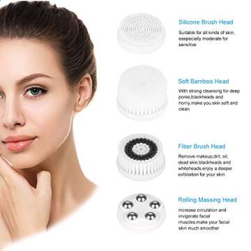 Facial Cleansing Brush - Etmury Waterproof Face Spin Brush Set, Electric Face Scrubber - 4 Brush Heads & 3 Speed for Deep Cleaning, Exfoliating, Cosmetics Removing, Facial Massaging (White)
