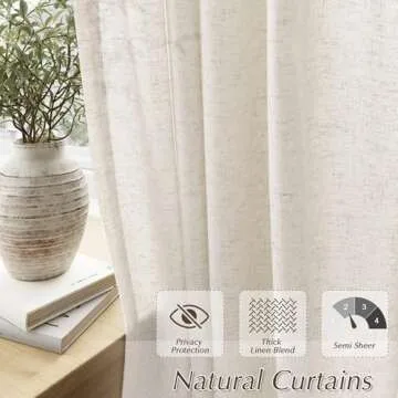 Cream Pinch Pleated Linen Curtains 84 Inches Long Light Filtering Semi Sheer Pleated Curtains with H...