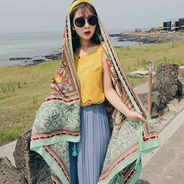 SUNBABY Women Boho Shawl Beach Towels Rectangle Polyester Scarf Travel Sarong Wrap Swimwear Cover Up Beach Mats, Green Geometry, 75*39inch