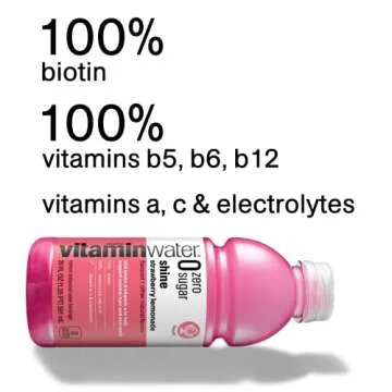 vitaminwater zero sugar shine, electrolyte enhanced water w/vitamins, strawberry lemonade drinks, 20 fl oz, 12 Pack