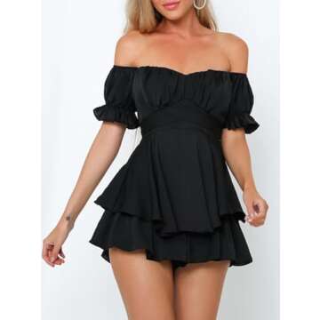 Fixmatti Women Ruffle Rompers Strapless Short Sleeve Chiffon Shorts Jumpsuit Summer One Piece Outfit Black S