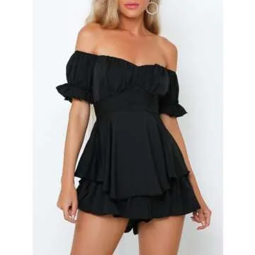 Fixmatti Women Ruffle Rompers Strapless Short Sleeve Chiffon Shorts Jumpsuit Summer One Piece Outfit Black S