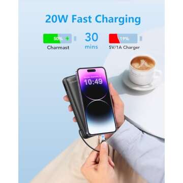 Charmast Portable Charger with Built-in Cables and Wall Plug, 20000mAh 20W USB C Power Bank Fast Charging Battery Pack Compatible with iPhone iPhone 16/15/14/13 Series, Samsung Google iPad etc
