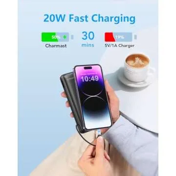 Charmast Portable Charger with Built-in Cables and Wall Plug, 20000mAh 20W USB C Power Bank Fast Charging Battery Pack Compatible with iPhone iPhone 16/15/14/13 Series, Samsung Google iPad etc