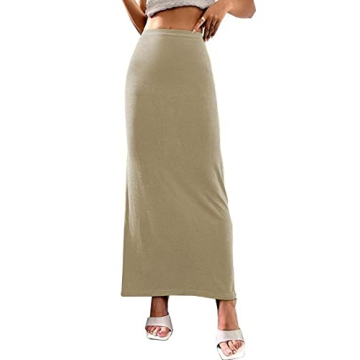 LYANER Women's Casual Velvet Elastic High Waist Solid Bodycon Long Maxi Skirt Beige Small