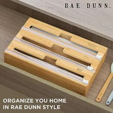 Rae Dunn 3 in 1 Wrap Organizer with Cutter, Plastic Wrap, Aluminum Foil and Wax Bamboo Dispenser for...