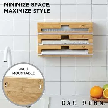 Rae Dunn 3 in 1 Wrap Organizer with Cutter, Plastic Wrap, Aluminum Foil and Wax Bamboo Dispenser for Kitchen Storage Organization Holder for 12" Roll