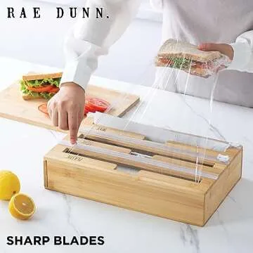 Rae Dunn 3 in 1 Wrap Organizer with Cutter, Plastic Wrap, Aluminum Foil and Wax Bamboo Dispenser for Kitchen Storage Organization Holder for 12" Roll
