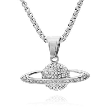 Stainless Steel Iced Out Saturn Pendant Necklace