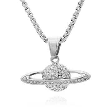 Stainless Steel Iced Out Saturn Pendant Necklace