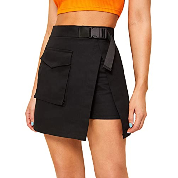 WDIRARA Women's Cargo Skirt Utility Asymmetrical Slit High Waist Wrap Mini Skirt with Buckle Black L